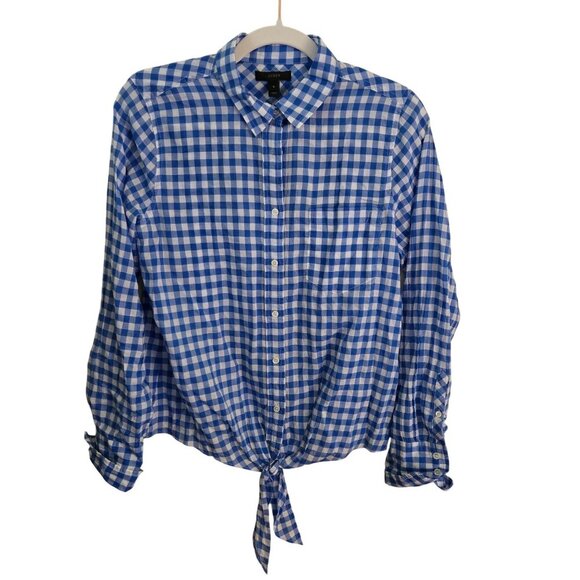 J.Crew NWT Blue White Check Tie Front Button Down Blouse Size 8 - Picture 2 of 7